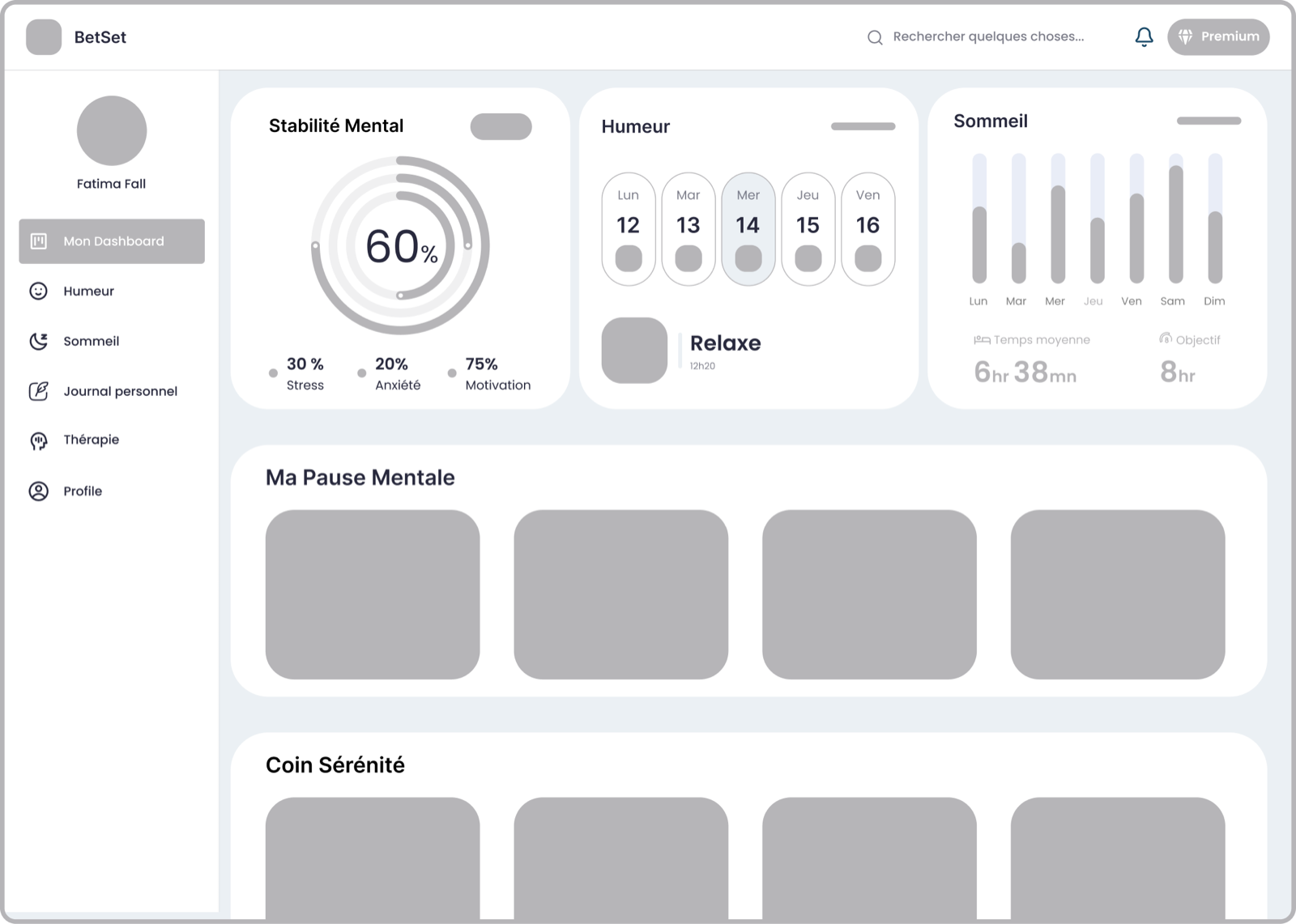 Wireframe du tableau de bord BetSet : stabilité mentale, humeur, sommeil, pause mentale et coin sérénité