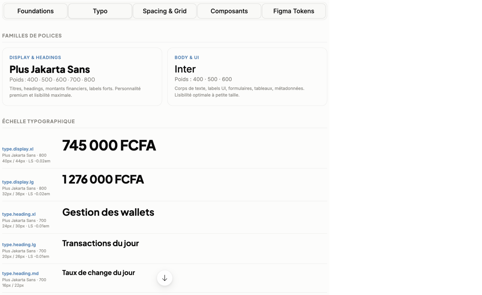 Familles de polices Plus Jakarta Sans et Inter et échelle typographique