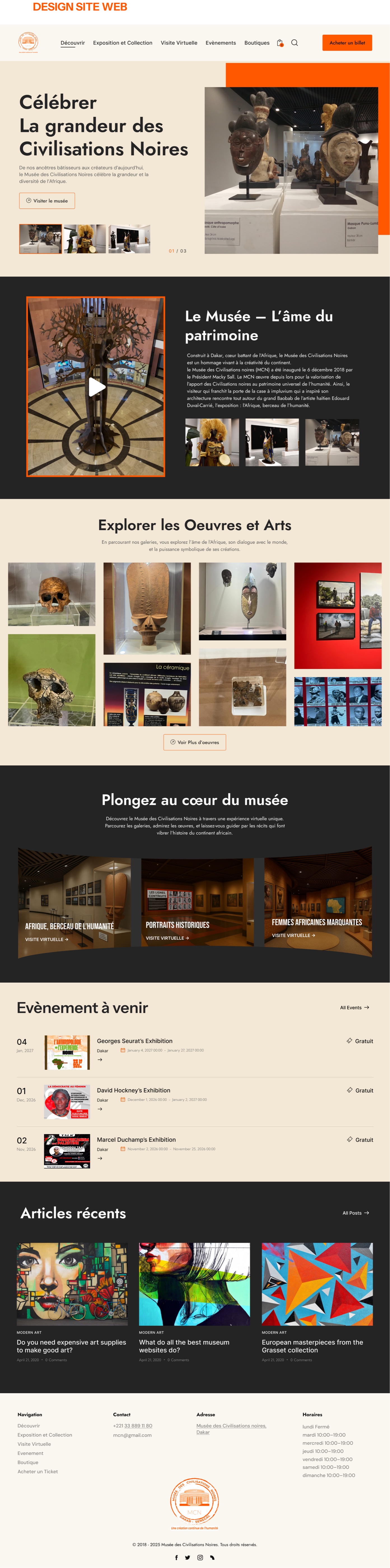 Maquette complète de la page d’accueil du site du musée : hero, présentation, galeries, visite virtuelle, évènements, articles et pied de page