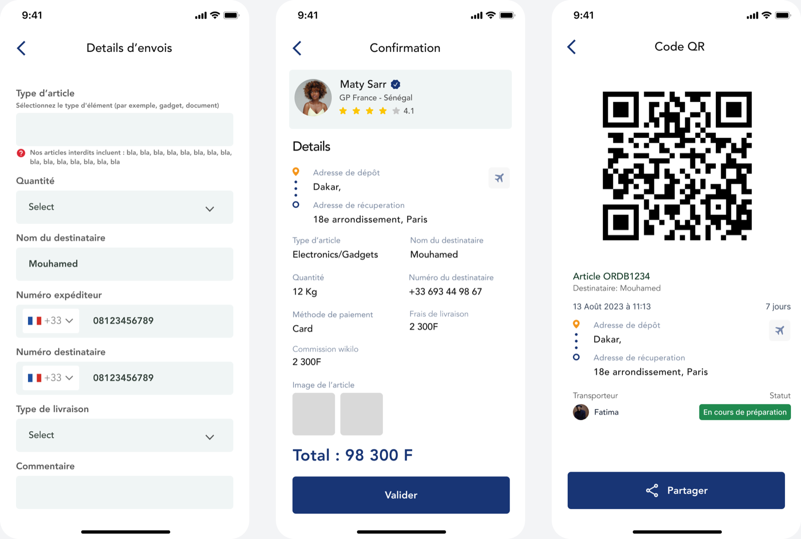 Détails d’envoi, confirmation et code QR